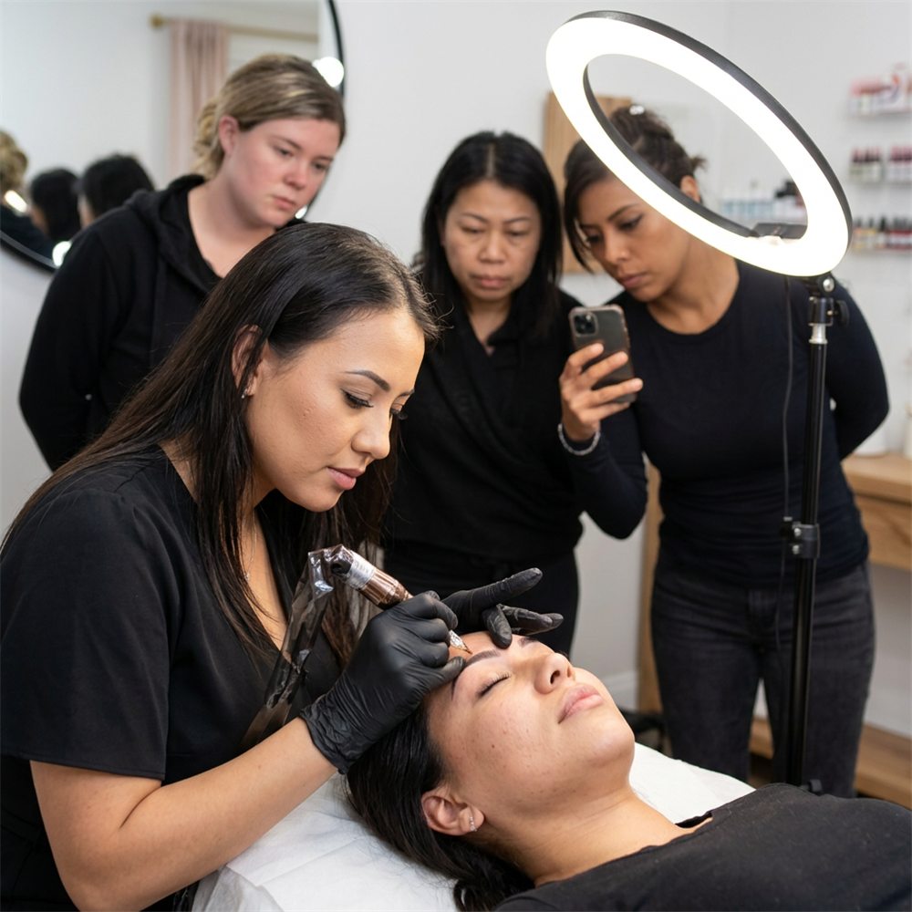 Adriana demonstrating a live microblading procedure while training students observe