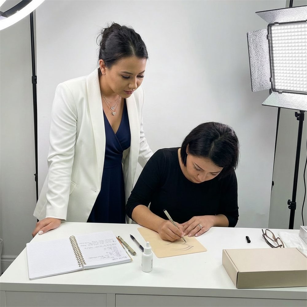 Adriana guiding a student practising brow strokes on a practice skin pad