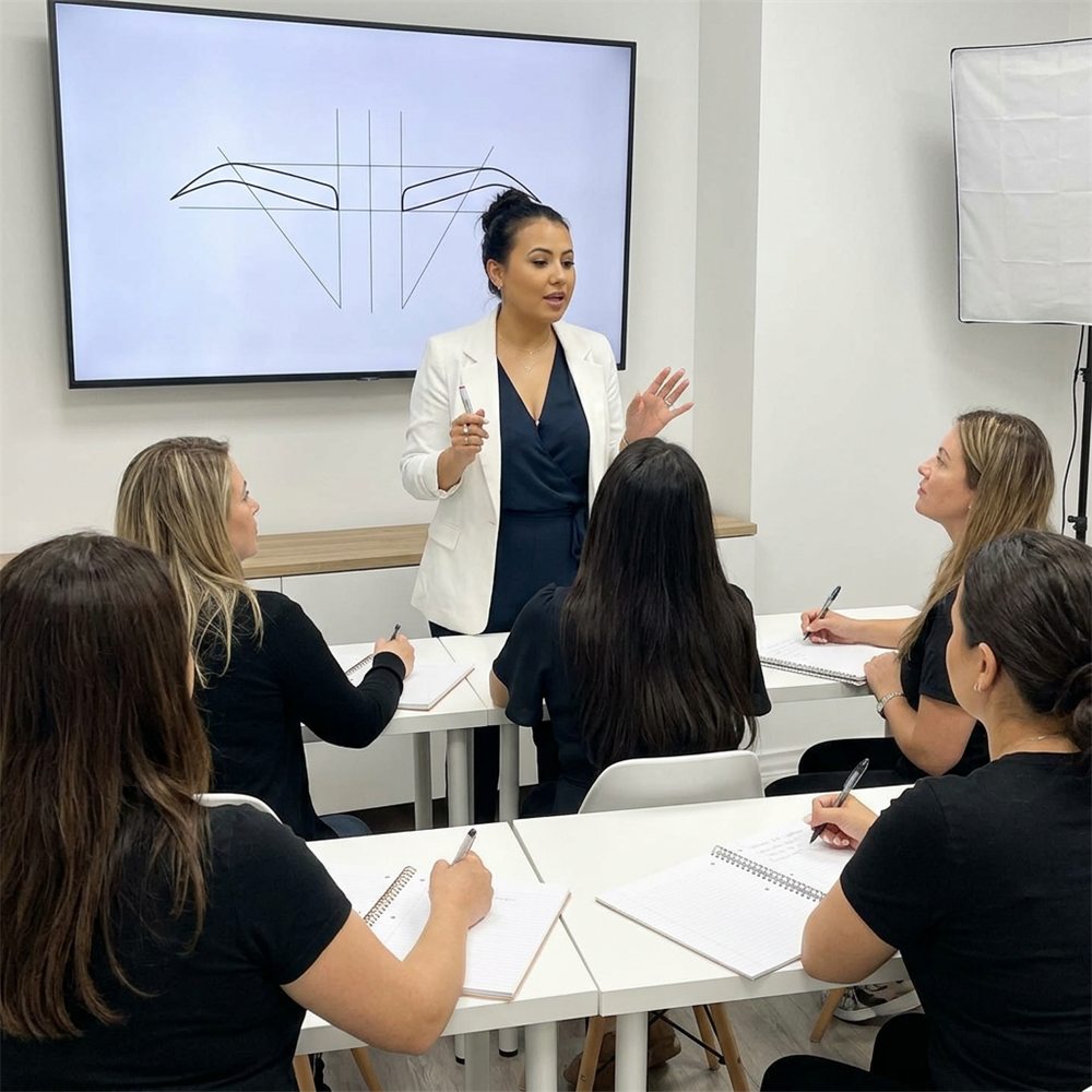 Adriana teaching brow mapping theory to a small class of students