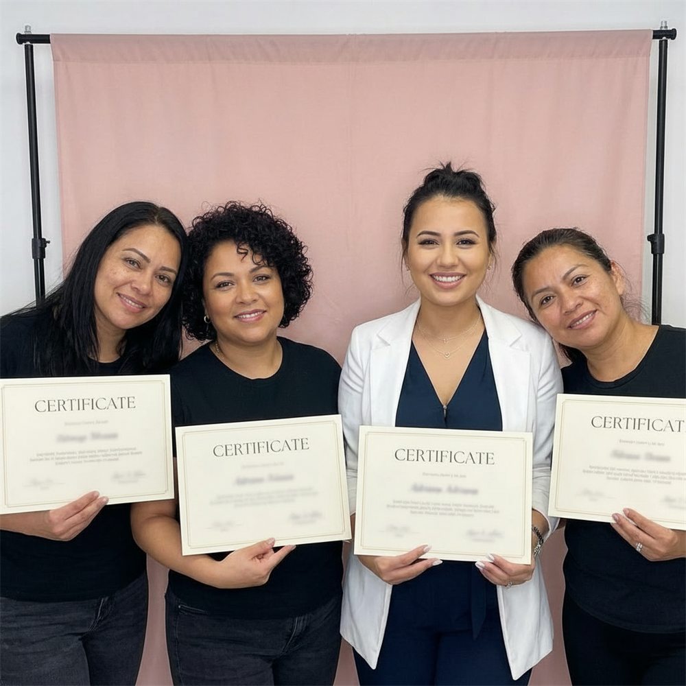 Graduating students holding their permanent makeup training certificates